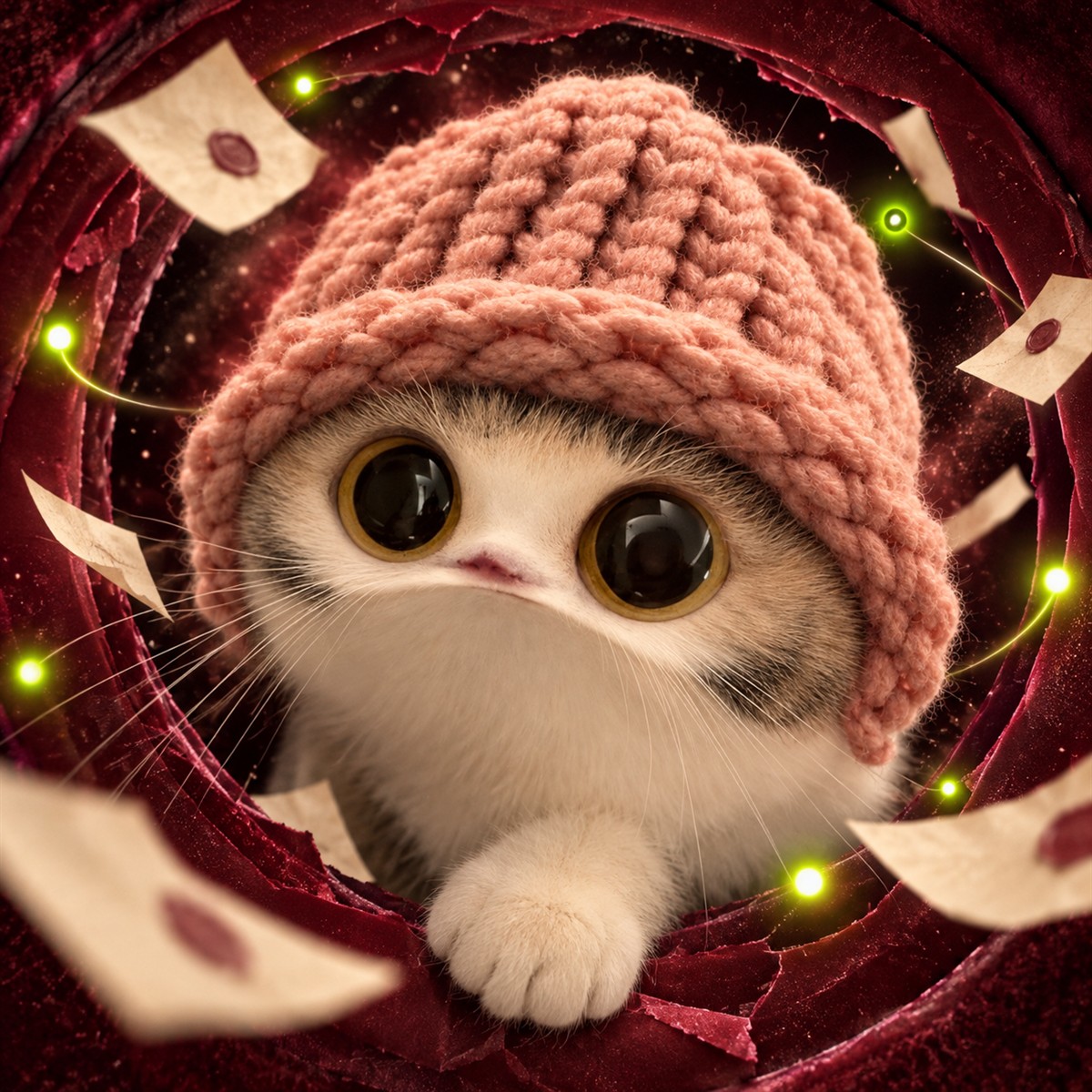 MEEPWIFCAT in a pink knitted hat emerging through a burgundy portal