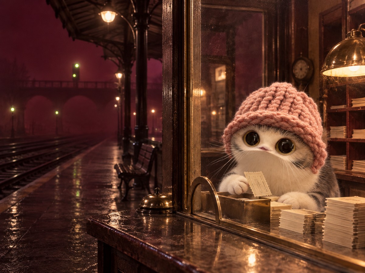 MEEPWIFCAT in a pink knitted hat working at a surreal midnight station window